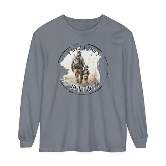 A Faith Family Hunting Long Sleeve T-Shirt in grey, featuring a man and child walking in a field. Made of 100% ring-spun cotton for softness and style, with a classic fit and garment-dyed fabric. Ideal for casual comfort.