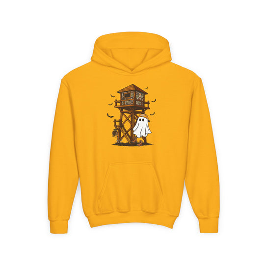 Ghost Hunter Youth Hoodie features a Halloween-themed graphic with a camouflaged hunting tower, bats, and a cartoon ghost amidst pumpkins, crafted from ultra-soft fleece.