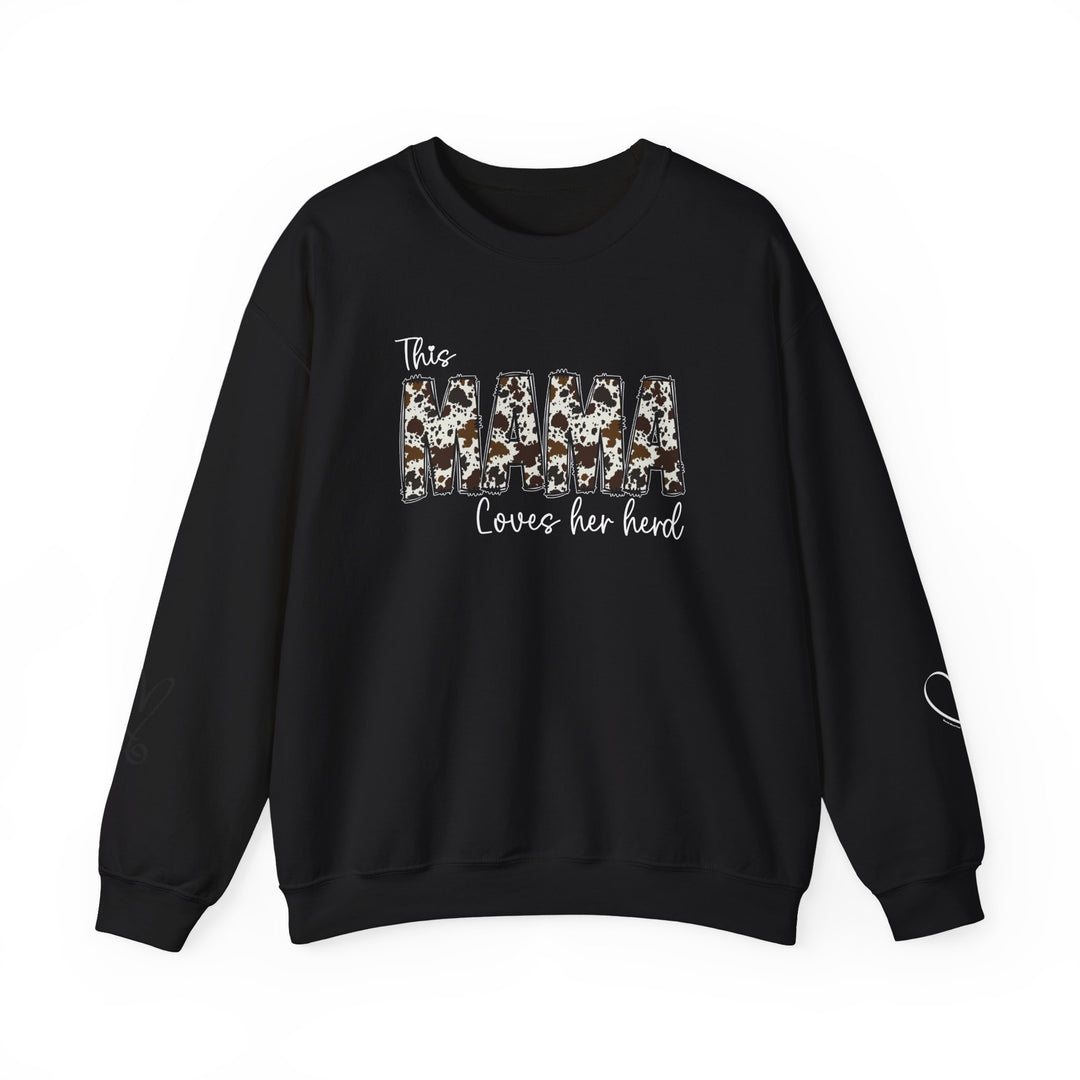 A black crewneck sweatshirt with white text and cow print, ideal for any situation. Unisex heavy blend made of 50% cotton, 50% polyester, loose fit, ribbed knit collar. Mama Herd Crew.