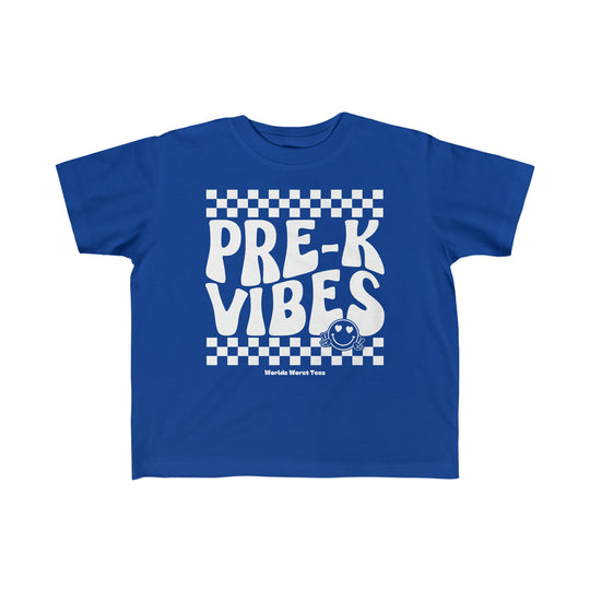 Pre K Vibes Toddler Tee: A blue t-shirt with white text, perfect for toddlers. Made of 100% combed ringspun cotton, light fabric, tear-away label, and a classic fit. Ideal for sensitive skin.