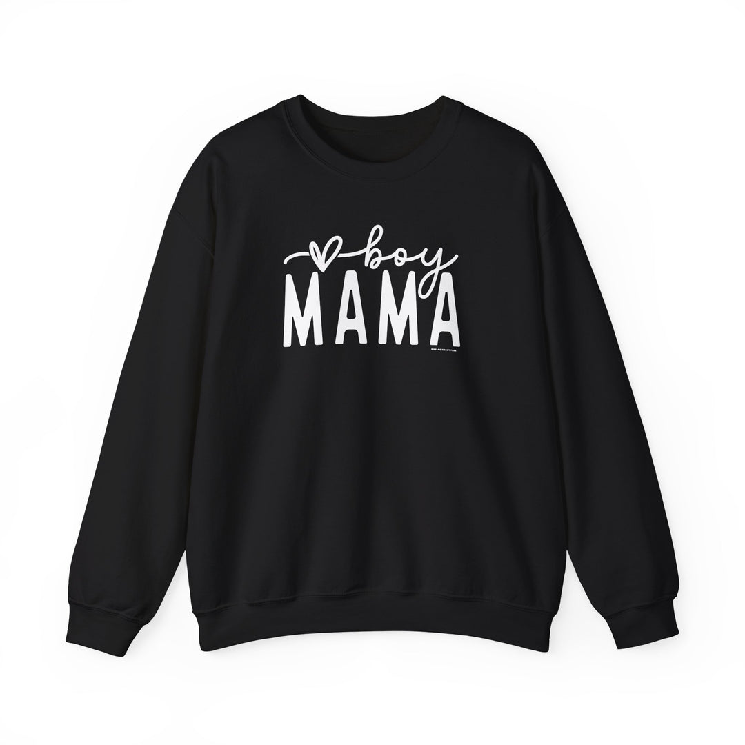 Unisex Boy Mama Crew sweatshirt: Black with white text. Heavy blend fabric, ribbed knit collar, no itchy side seams. 50% cotton, 50% polyester. Loose fit, true to size. Sizes S-5XL.