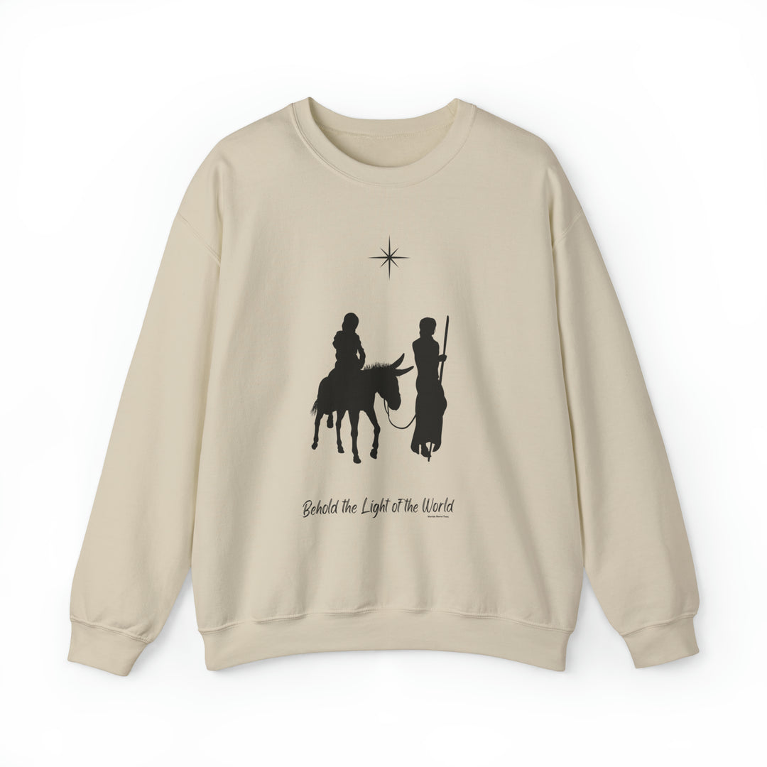 Unisex heavy blend crewneck sweatshirt featuring a silhouette of two men riding horses, embodying the light of the world Crew theme. Comfortable, loose fit with ribbed knit collar. Ideal for any occasion.
