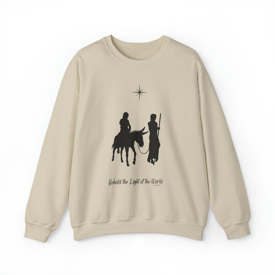 Unisex heavy blend crewneck sweatshirt featuring a silhouette of two men riding horses, embodying the light of the world Crew theme. Comfortable, loose fit with ribbed knit collar. Ideal for any occasion.