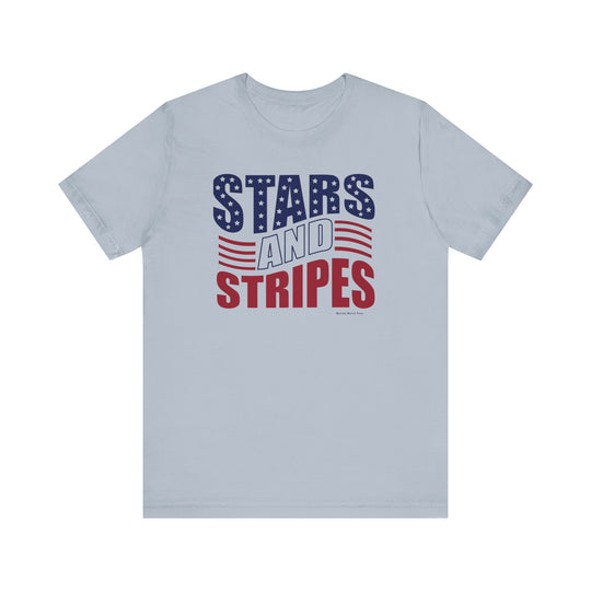 A classic Stars and Stripes Tee, unisex jersey shirt with red and blue text on a grey background. Made of 100% cotton, featuring ribbed knit collars and taping on shoulders for a comfortable fit.