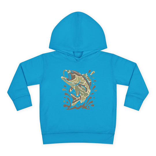 Camo Fish Toddler Hoodie: Turquoise-blue pullover with stylized, camouflage-patterned fish graphic, jersey-lined hood, and side-seam pockets, offering durable comfort for toddlers.