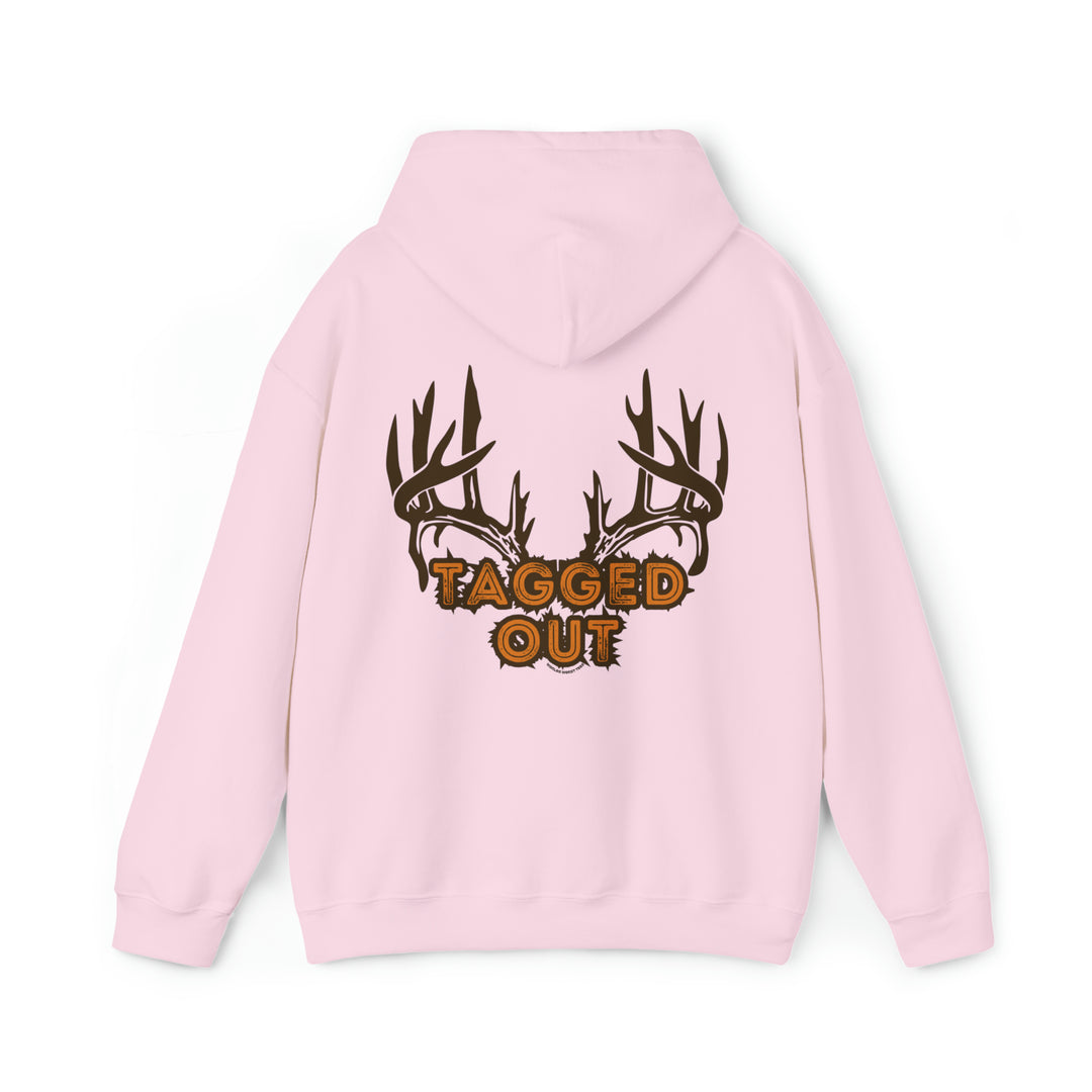 A pink hoodie with antlers, a cozy Tagged Out Sweatshirt by Worlds Worst Tees. Unisex, cotton-polyester blend, kangaroo pocket, and drawstring hood. Medium-heavy fabric, tear-away label, classic fit.