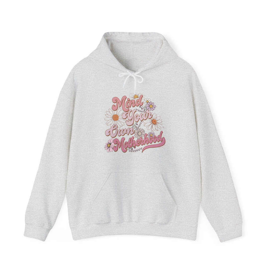 Mind Your Motherhood Hoodie: White sweatshirt with logo, kangaroo pocket, and matching drawstring. Unisex, cotton-polyester blend for warmth and comfort. Perfect for cold days. Classic fit, tear-away label.