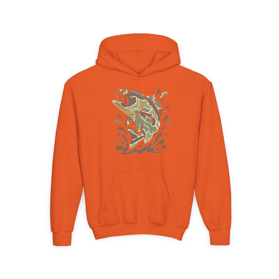 Camo Fish Youth Hoodie features a bright orange pullover design with a camo-patterned fish leaping from water on the chest and a front kangaroo pocket.