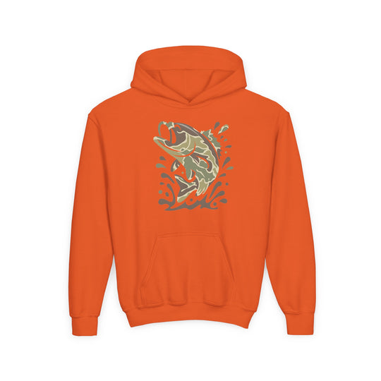 Camo Fish Youth Hoodie features a bright orange pullover design with a camo-patterned fish leaping from water on the chest and a front kangaroo pocket.