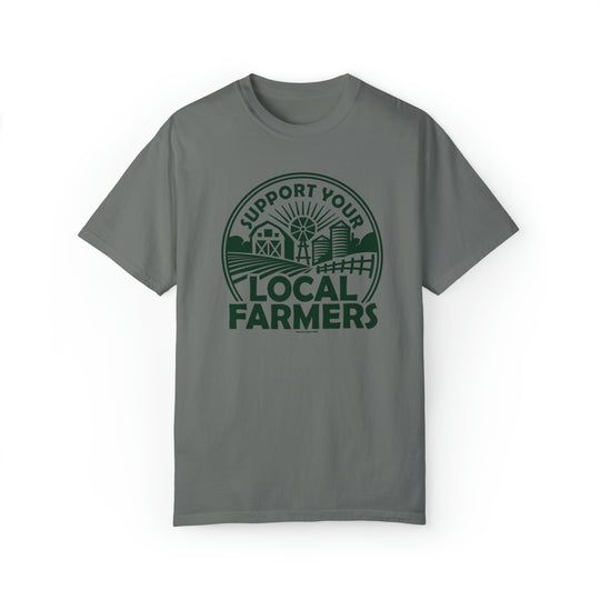 Unisex Support Your Local Farmer Tee: Grey t-shirt with green logo of farm buildings and windmills. Made of 80% ring-spun cotton, 20% polyester, relaxed fit, and rolled-forward shoulder.