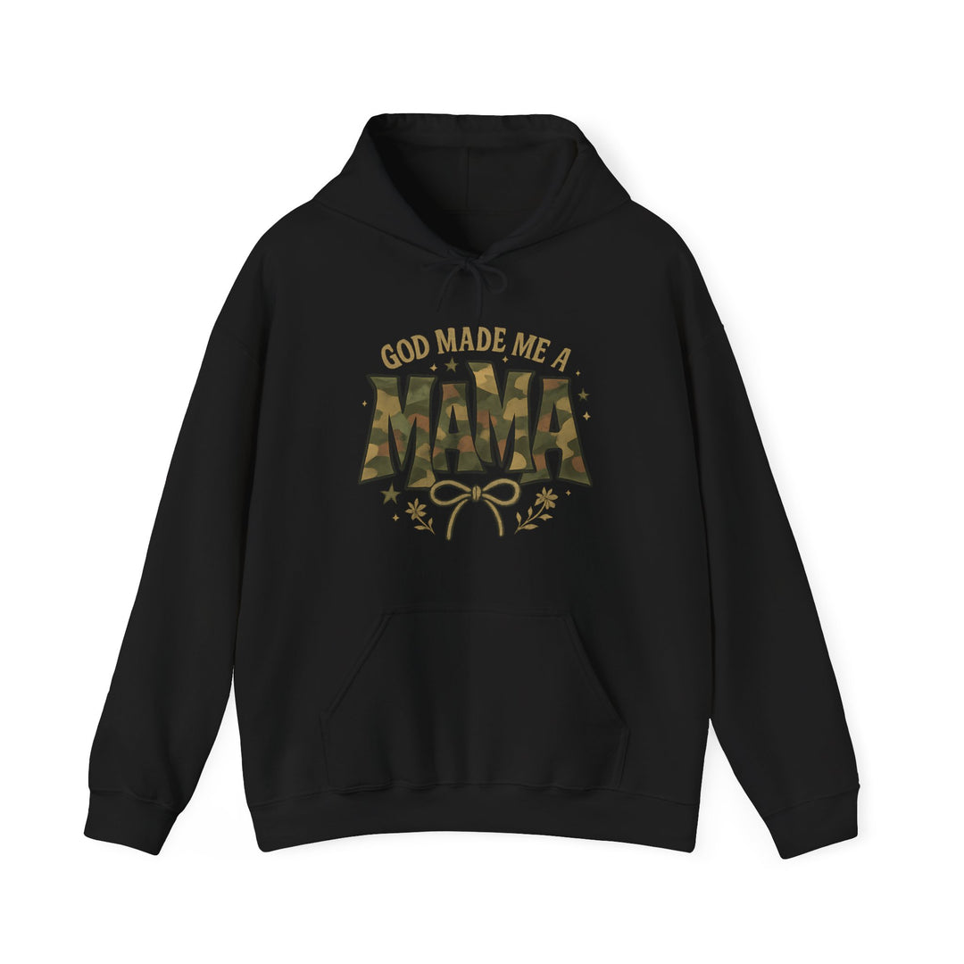 Black hoodie with God Made Me A MAMA slogan; camo MAMA text. Includes kangaroo pocket, gold-tan bow, and floral graphic. Cozy cotton-poly blend.