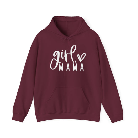 A maroon Girl Mama Hoodie, a cozy blend of cotton and polyester, featuring a kangaroo pocket and matching drawstring hood. Unisex, medium-heavy fabric for warmth and comfort, perfect for chilly days.
