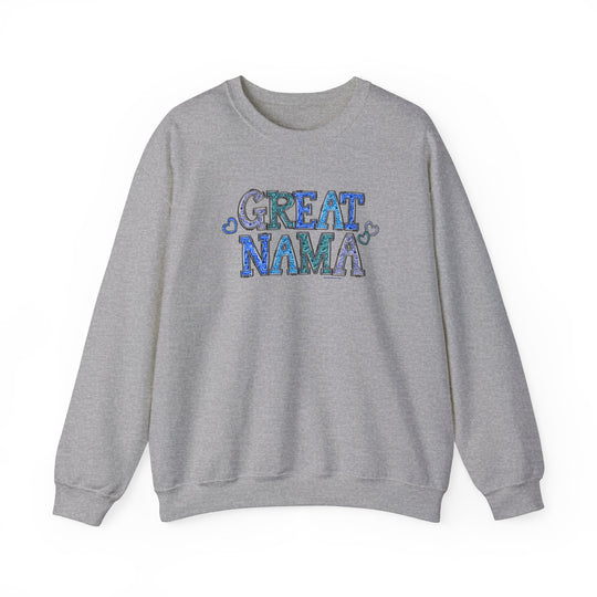Unisex Great Nama Crew sweatshirt, grey with blue text. Ribbed knit collar, no itchy seams, 50% cotton, 50% polyester, loose fit, medium-heavy fabric. Ideal comfort for all.