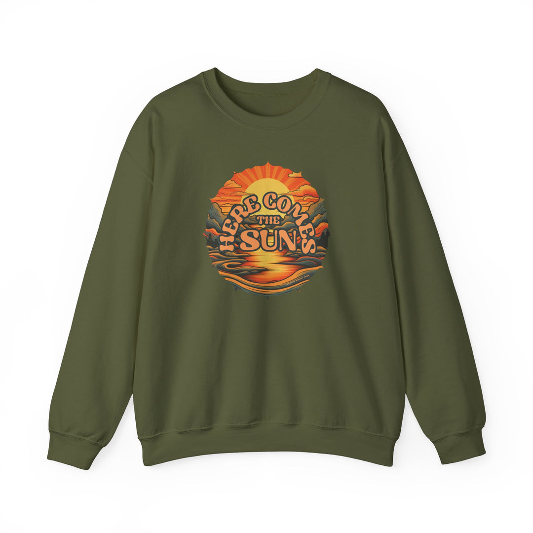 Unisex Here Comes the Sun Crew sweatshirt with a mountain sunset graphic. Comfortable blend of polyester and cotton, ribbed knit collar, no itchy seams. Sizes S to 5XL. Ideal for any occasion.