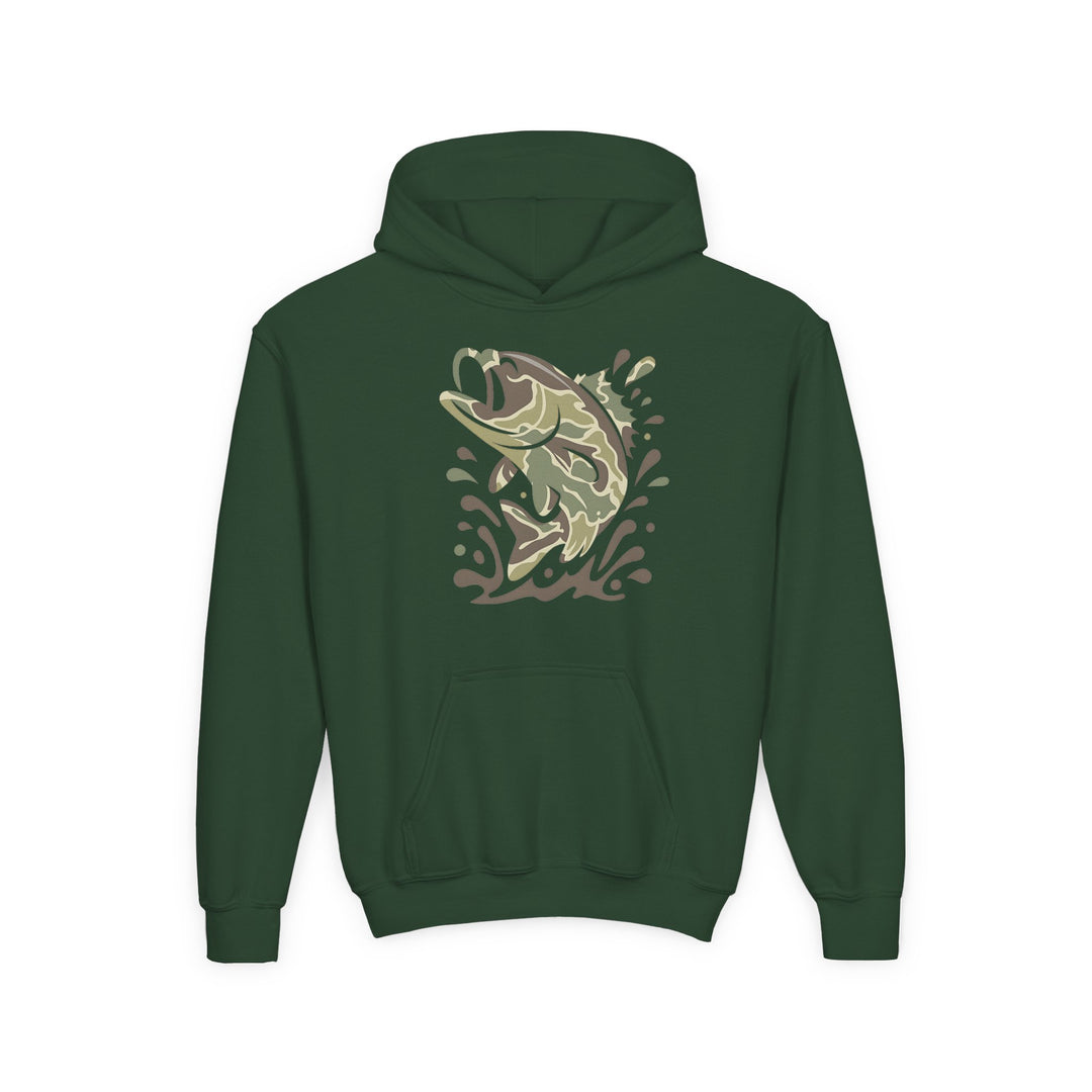 Camo Fish Youth Hoodie featuring a forest-green color, kangaroo pocket, and a camo-style fish graphic on the chest, crafted from ultra-soft, preshrunk fleece.