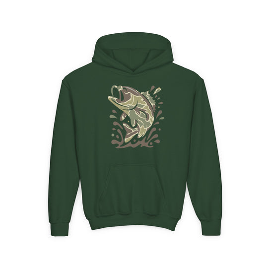 Camo Fish Youth Hoodie featuring a forest-green color, kangaroo pocket, and a camo-style fish graphic on the chest, crafted from ultra-soft, preshrunk fleece.