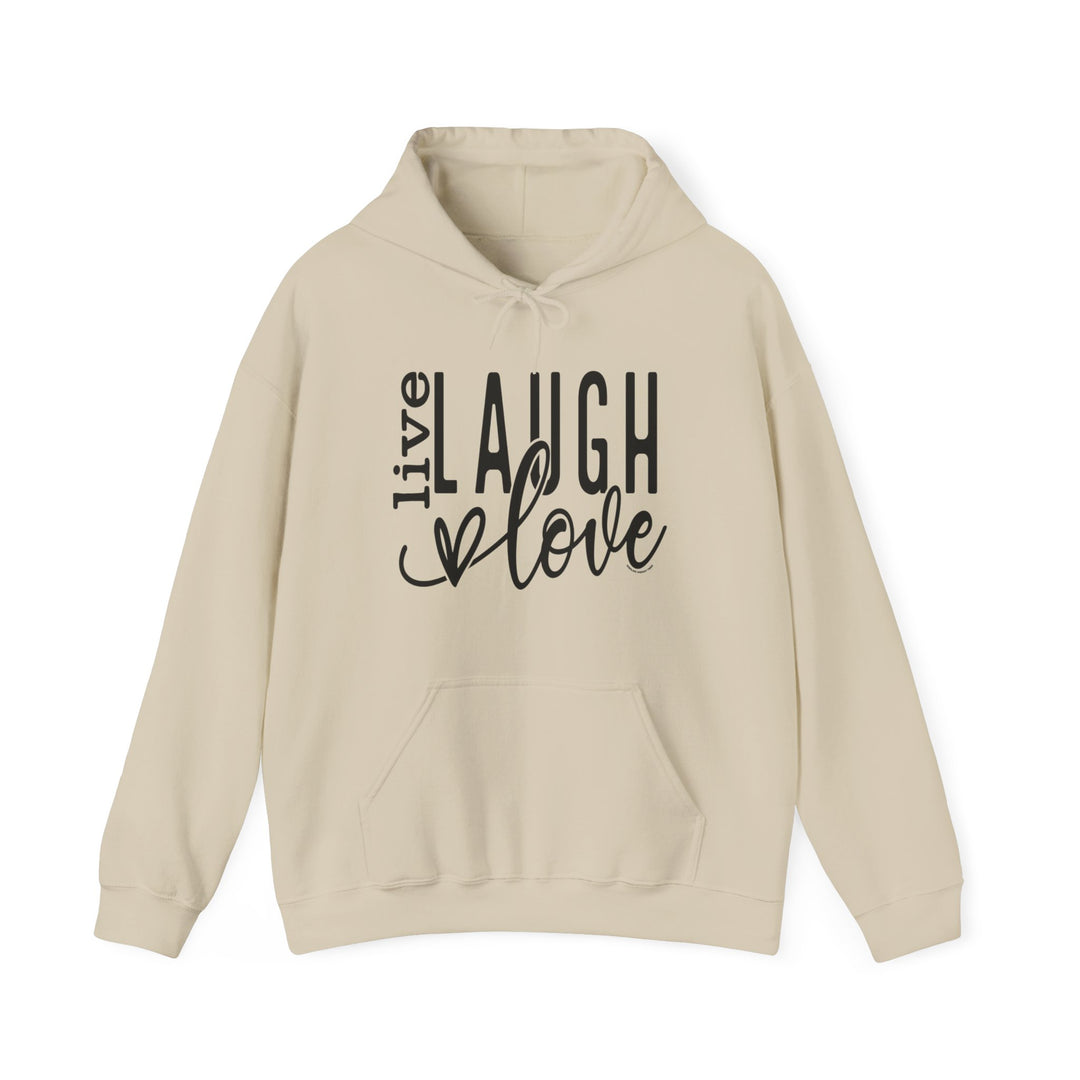 A beige unisex Live Laugh Love Hoodie, featuring black text, a kangaroo pocket, and matching drawstring. Made of cotton and polyester blend for warmth and comfort. From Worlds Worst Tees.