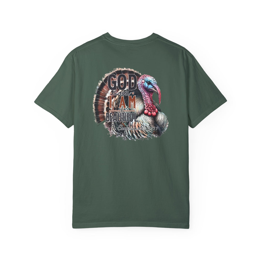 A ring-spun cotton tee featuring a turkey design, the I am Beautiful Tee from Worlds Worst Tees. Garment-dyed for coziness, with double-needle stitching for durability and a relaxed fit for everyday wear.