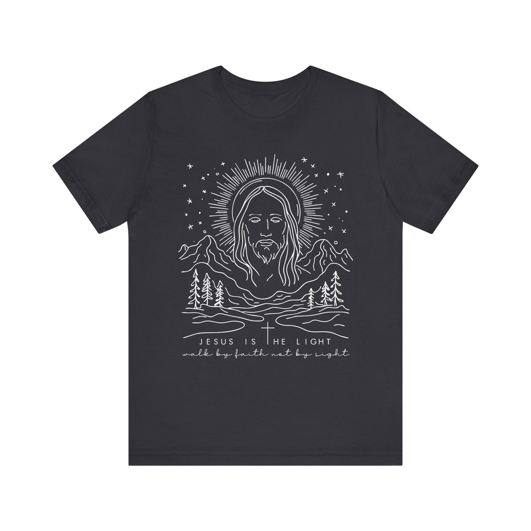 Unisex Jesus is the Light tee with ribbed knit collar, tapered shoulders, and dual side seams for durability, showcasing soft cotton fabric.