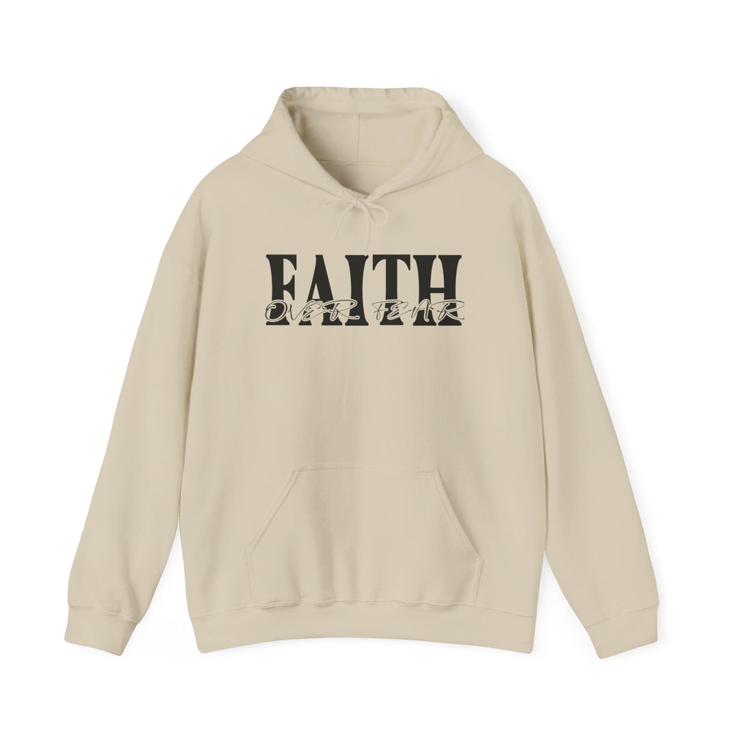 A beige Faith Over Fear hoodie with black text, featuring a kangaroo pocket and matching drawstring. Unisex heavy blend for warmth and comfort on cold days. Medium-heavy fabric, tear-away label, true to size.