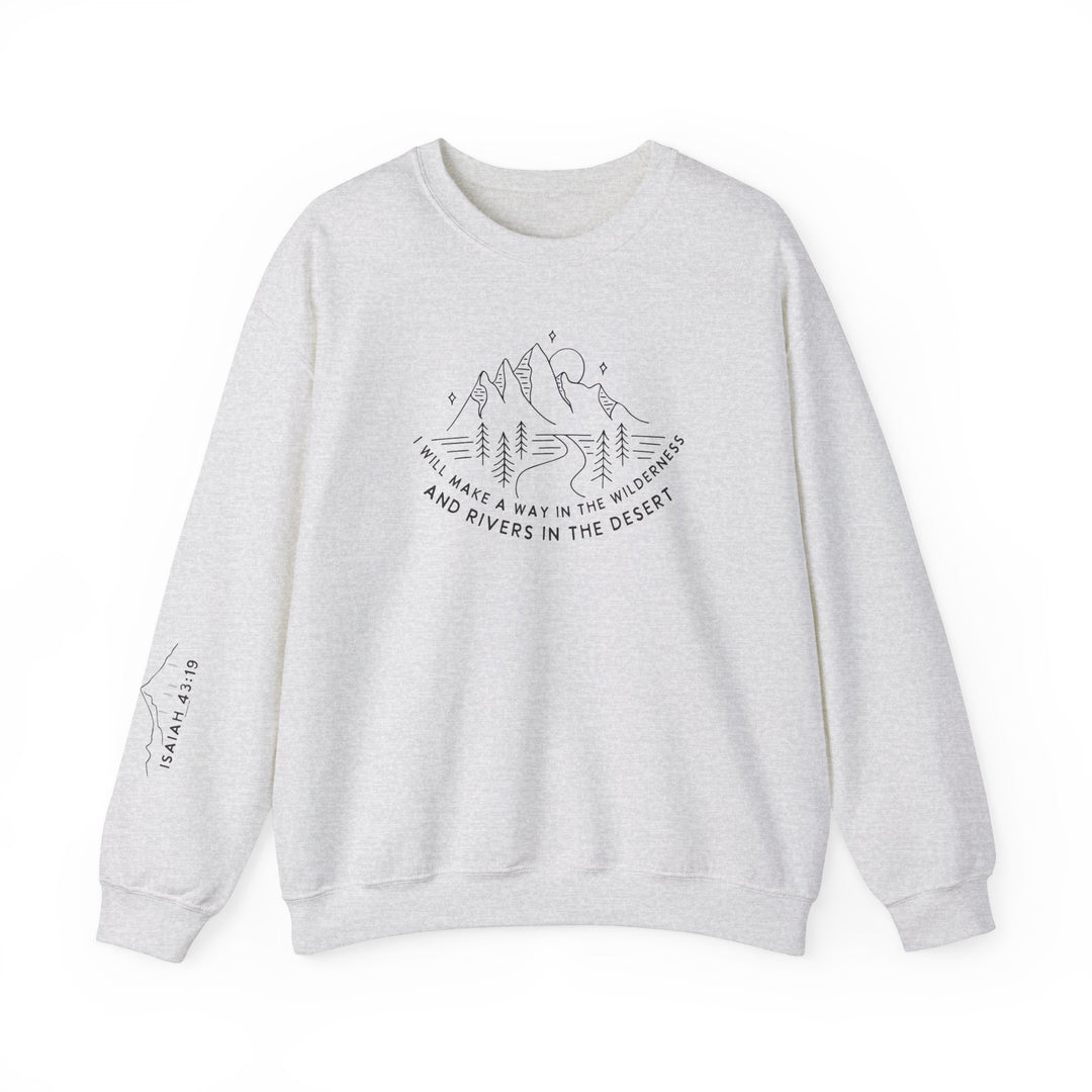 A white crewneck sweatshirt featuring a mountain and tree design, made from a cozy blend of polyester and cotton. Classic fit with ribbed knit collar and durable double-needle stitching. Ethically crafted for comfort and style.