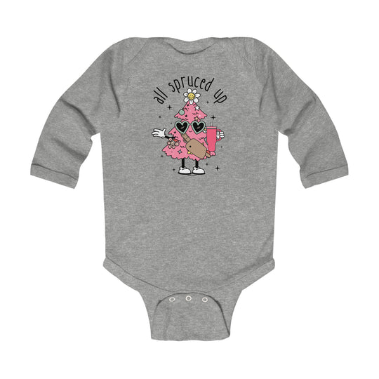 Infant long sleeve bodysuit featuring a cartoon character on a grey fabric. Made of 100% combed ring-spun cotton for softness. Plastic snaps for easy changing. From Worlds Worst Tees.