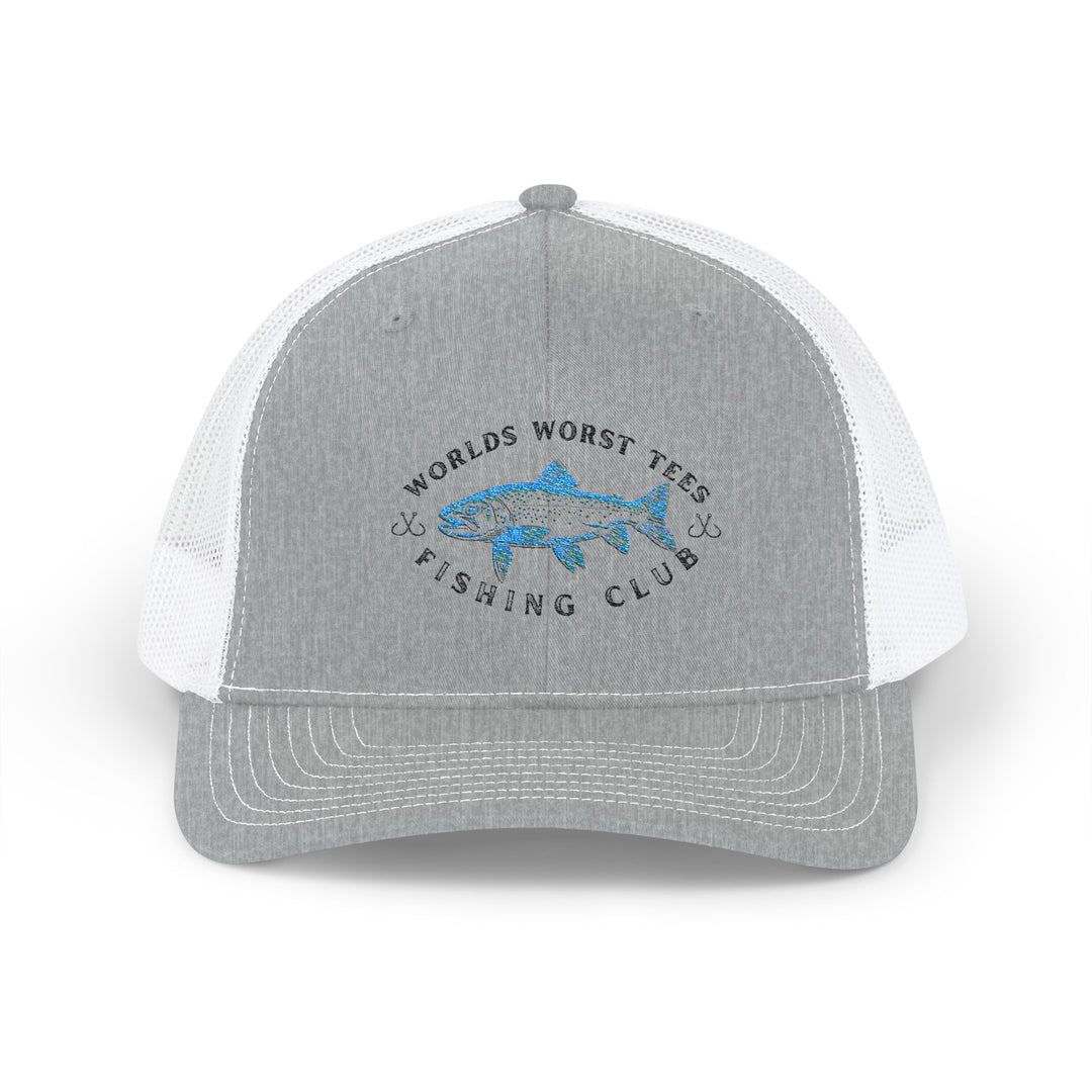 WWT Fishing Club Snapback Trucker Cap with fish logo, featuring a structured 6-panel design, pre-curved visor, and adjustable snap closure for a comfortable fit.