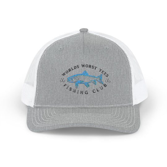 WWT Fishing Club Snapback Trucker Cap with fish logo, featuring a structured 6-panel design, pre-curved visor, and adjustable snap closure for a comfortable fit.