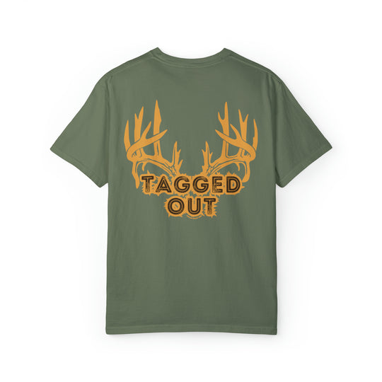 A green shirt with antlers, featuring a Tagged Out Tee design. Unisex sweatshirt made of 80% ring-spun cotton and 20% polyester, with a relaxed fit and rolled-forward shoulder. From Worlds Worst Tees.