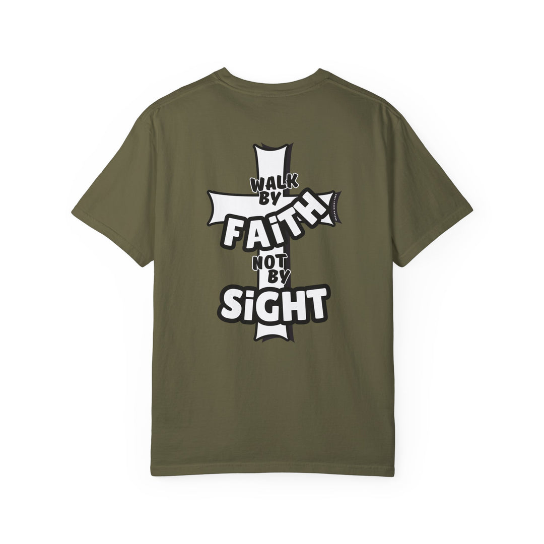 A Walk By Faith Not By Sight Tee, a green shirt with white text, 100% ring-spun cotton, medium weight, relaxed fit, durable double-needle stitching, and seamless design for comfort and style.