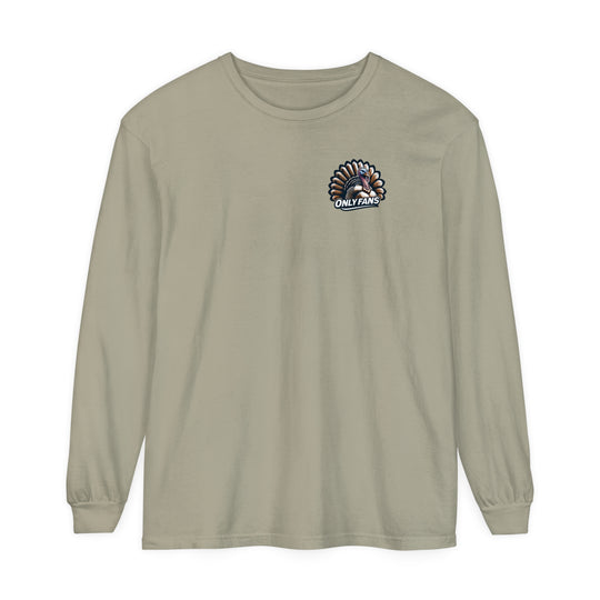 A classic fit long-sleeve shirt featuring a turkey logo, perfect for casual wear. Made of 100% ring-spun cotton with garment-dyed fabric for softness and style. Product title: Only Fans Hunting Long Sleeve T-Shirt.