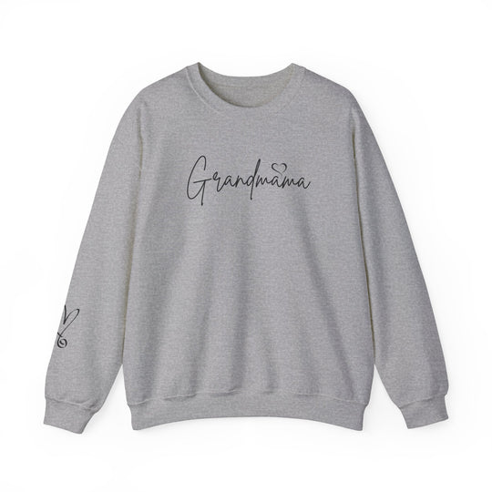 Unisex Grandmama Crew sweatshirt, grey with black text. Ribbed knit collar, no itchy seams. 50% cotton, 50% polyester, loose fit, medium-heavy fabric. Sizes S to 5XL. Ideal comfort for all.