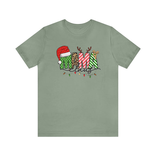 Unisex Mama Claus Tee: A soft, light fabric tee with a graphic design of Mama Claus. Features ribbed knit collars, taping on shoulders, and dual side seams for durability. Sizes XS to 5XL.