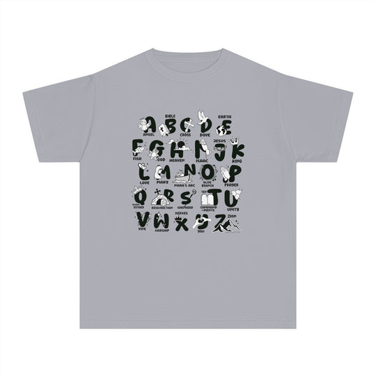 Kids' tee featuring a Bible Alphabet design, made of 100% combed ringspun cotton. Soft-washed and garment-dyed for comfort. Ideal for active days with a classic fit. Dimensions: XS - XL.