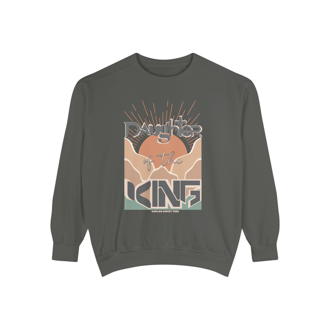 Daughter of the King Crew sweatshirt: Unisex garment-dyed top with relaxed fit, ring-spun cotton blend, and rolled-forward shoulder. Luxurious comfort in medium-heavy fabric.