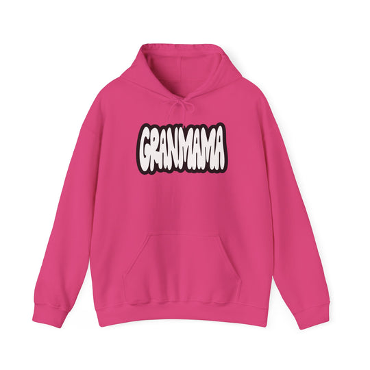 Granmama Hoodie: Pink unisex sweatshirt with white text, kangaroo pocket, and matching drawstring. Cozy blend of cotton and polyester, perfect for chilly days. Medium-heavy fabric, classic fit, tear-away label.
