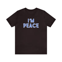 Unisex black tee with blue I'm Peace text. Soft cotton, ribbed knit collar, shoulder taping for fit, dual side seams. 100% Airlume combed cotton, retail fit. Sizes XS-5XL.