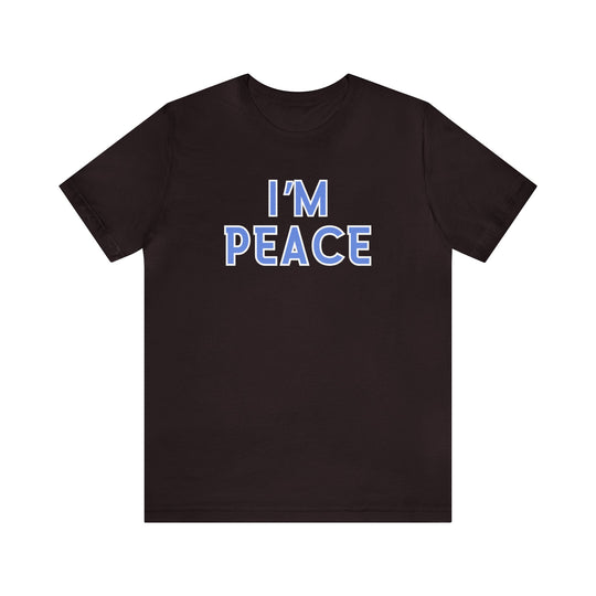 Unisex black tee with blue I'm Peace text. Soft cotton, ribbed knit collar, shoulder taping for fit, dual side seams. 100% Airlume combed cotton, retail fit. Sizes XS-5XL.