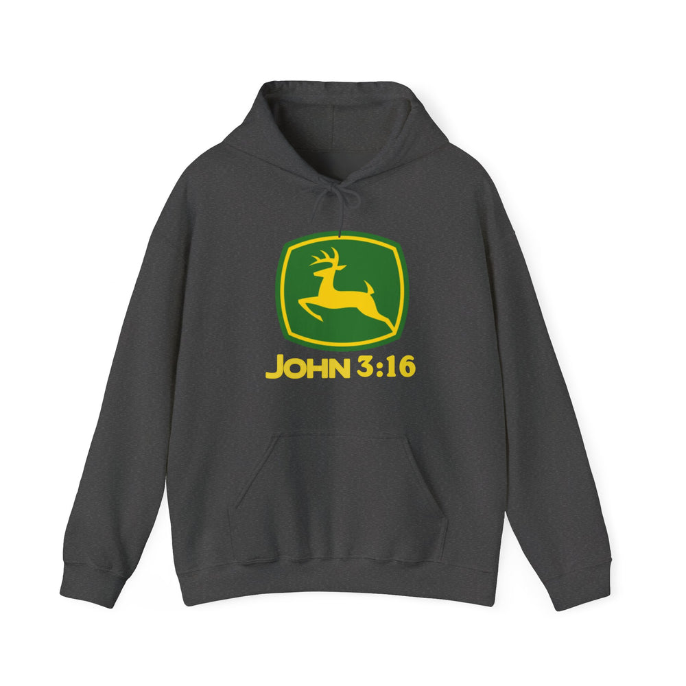 Dark-gray John 3:16 hoodie with a green-yellow deer logo, kangaroo pocket, and hood. Cozy blend for warmth, ideal for cold days.