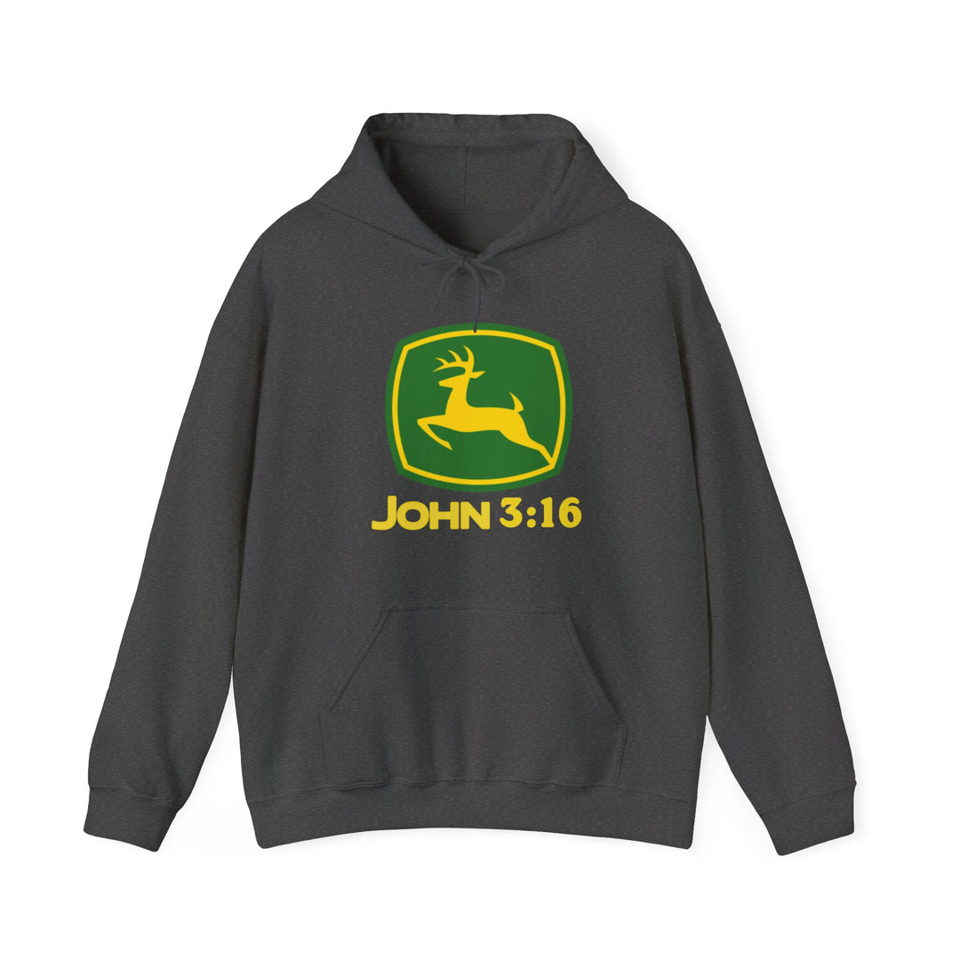 Dark-gray John 3:16 hoodie with a green-yellow deer logo, kangaroo pocket, and hood. Cozy blend for warmth, ideal for cold days.