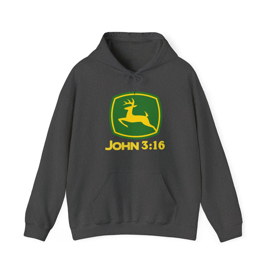 Dark-gray John 3:16 hoodie with a green-yellow deer logo, kangaroo pocket, and hood. Cozy blend for warmth, ideal for cold days.