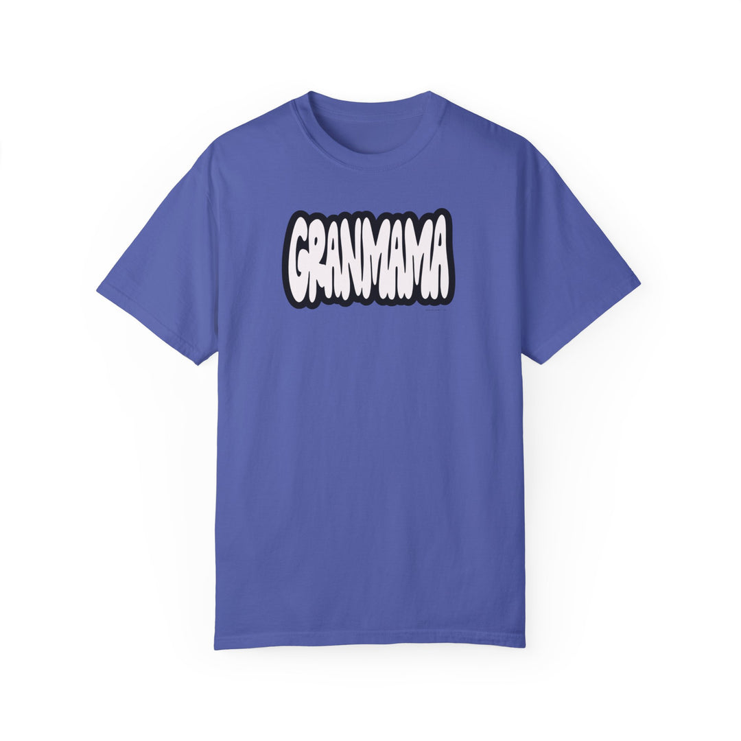 Grandmama Tee: Blue t-shirt with white text, garment-dyed 100% ring-spun cotton, medium weight, relaxed fit, durable double-needle stitching, seamless design. From 'Worlds Worst Tees'.