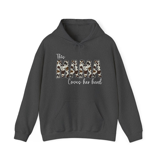 Unisex Mama Herd Hoodie: Grey sweatshirt with cow print. Heavy blend of cotton and polyester, kangaroo pocket, classic fit. Ideal for warmth and comfort. From Worlds Worst Tees.