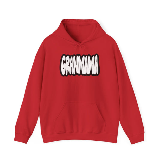 Granmama Hoodie: Red unisex heavy blend hooded sweatshirt with white text. Plush, warm cotton-polyester fabric, kangaroo pocket, matching drawstring. Ideal for cold days. Classic fit, tear-away label, true to size.
