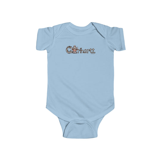 A durable and soft Cowhartt Cow Onesie for infants, featuring a cartoon cow with horns and a hat logo. Made of 100% cotton, with ribbed bindings and plastic snaps for easy changing access.
