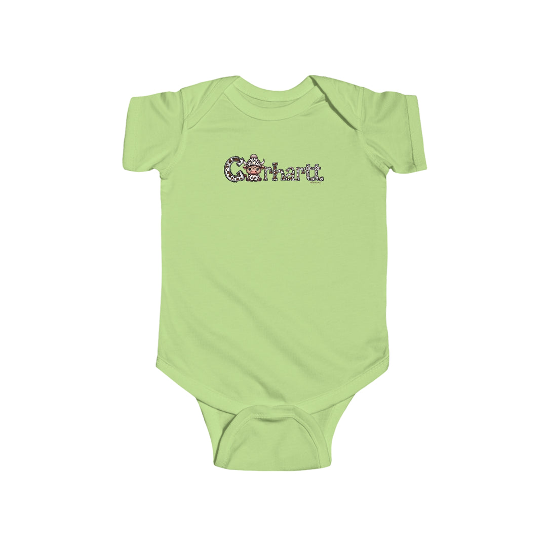 A durable and soft green baby bodysuit featuring a cartoon cow design, ideal for infants. Made of 100% cotton, with ribbed knit bindings and plastic snaps for easy changing access. From Worlds Worst Tees.