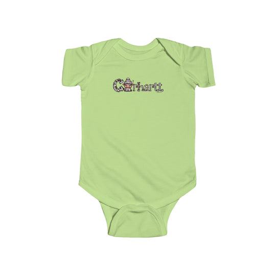 A durable and soft green baby bodysuit featuring a cartoon cow design, ideal for infants. Made of 100% cotton, with ribbed knit bindings and plastic snaps for easy changing access. From Worlds Worst Tees.