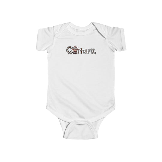 A durable and soft infant fine jersey bodysuit featuring a cartoon cow with a hat and text logo. Made of 100% cotton, with ribbed knit bindings and plastic snaps for easy changing access. From Worlds Worst Tees' Cowhartt Cow Onesie collection.