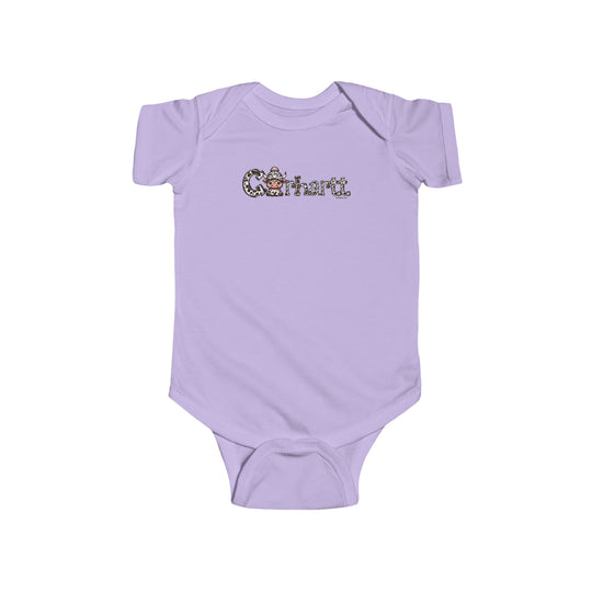 A durable and soft infant fine jersey bodysuit featuring a cartoon cow with horns and a hat logo. Made of 100% cotton with ribbed knitting for durability. Plastic snaps for easy changing access. From Worlds Worst Tees.