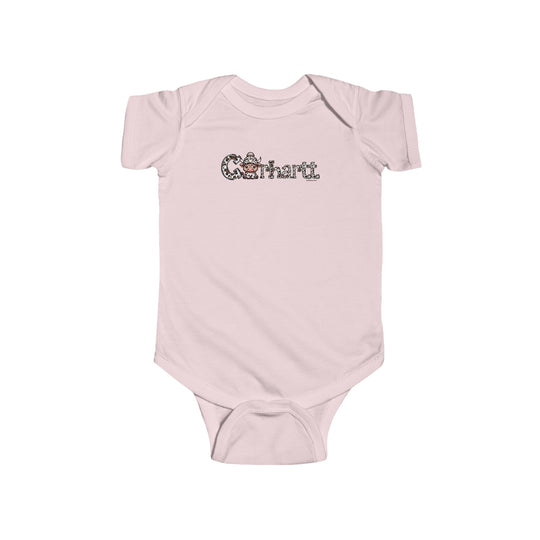 A durable and soft Cowhartt Cow Onesie infant bodysuit with a cartoon cow logo. Made of 100% cotton, featuring ribbed bindings and plastic snaps for easy changing access. From Worlds Worst Tees.